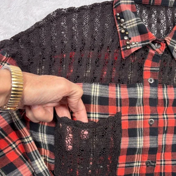 Miss Me Flannel Western Button Women S Plaid Studded Crochet Lace Cowgirl Rodeo - Picture 12 of 14